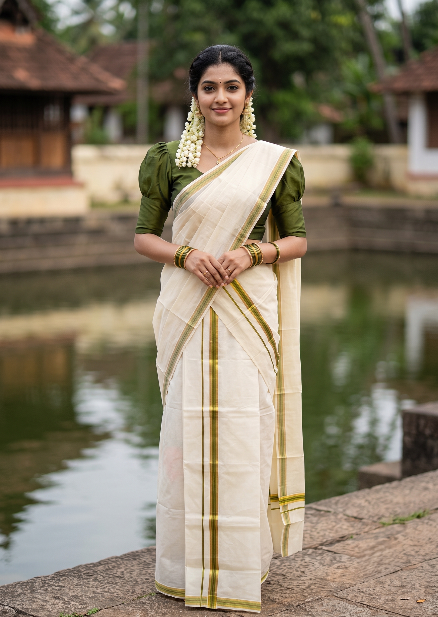 Southloom Pure Cotton Kerala Single Set Mundu (Mundum Neriyathum) with Olive Green and Kasavu Border 2.80 Mtrs SLKK