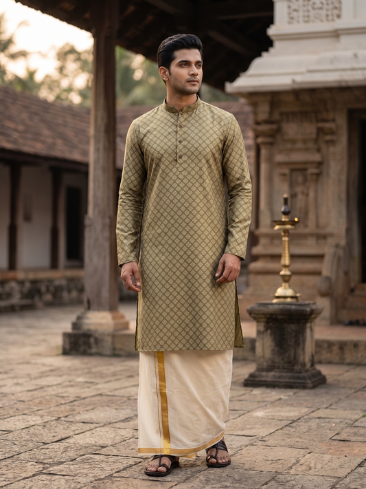 Southloom  Olive green woven Semi Silk Short Kurta for Men SL590