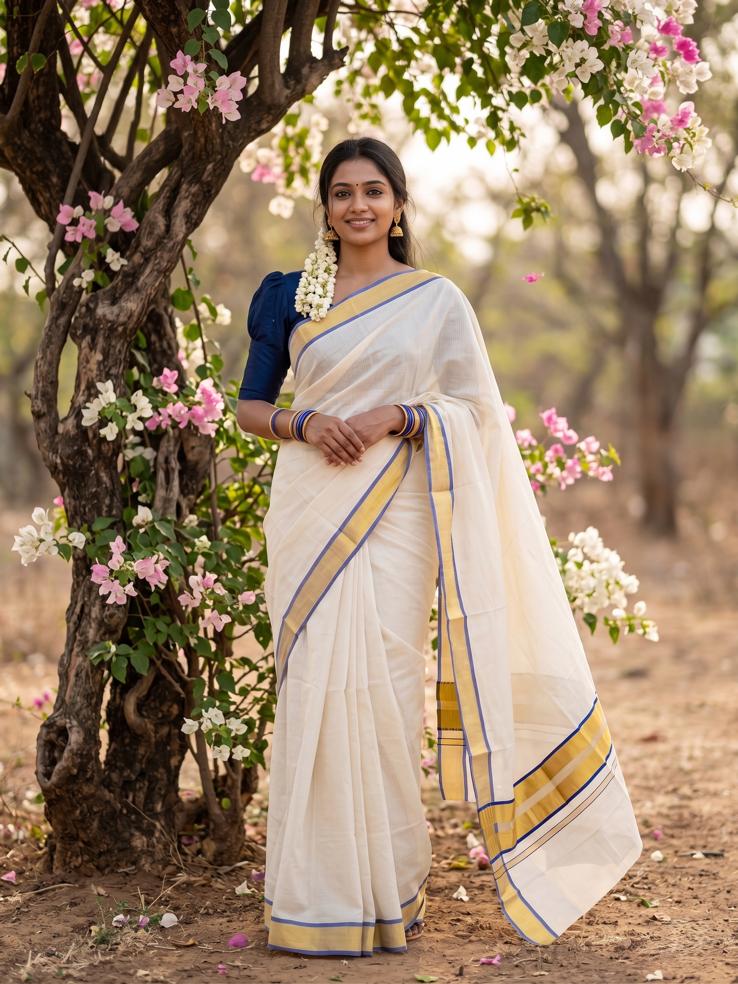 Southloom Kerala Cotton Kasavu Saree with Micro Stripes on Body In Blue Border SL361