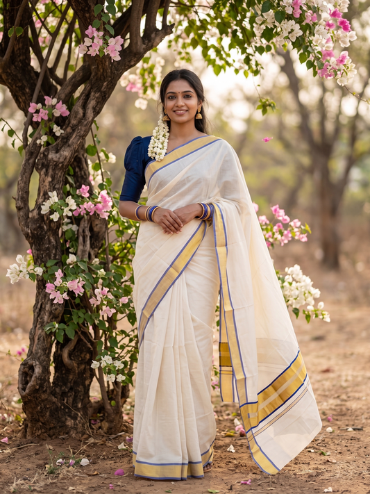 Southloom Kerala Cotton Kasavu Saree with Micro Stripes on Body In Blue Border SL361