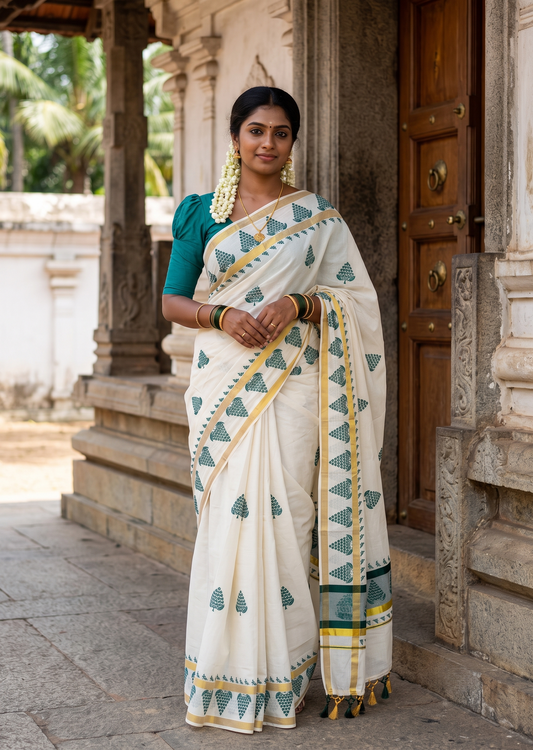 Southloom Cotton Kerala Kasavu Saree with Digital Print on Body With Peacock Borders in Green SL519
