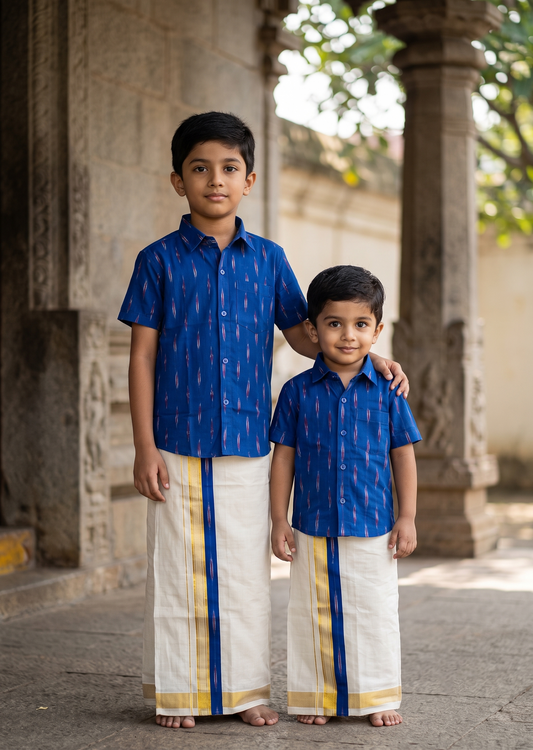Southloom Tissue Ikat Printed Kids's Combo (Shirt + Velcro Mundu) SLKCOMBO SL602