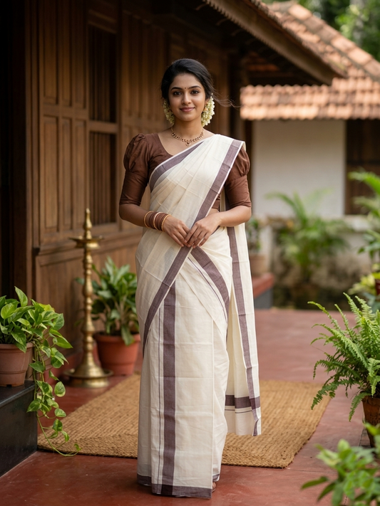 Southloom Pure Cotton Kerala Single Mulloth Set Mundu (Mundum Neriyathum) Brown Border in 2.80 mtrs SL270