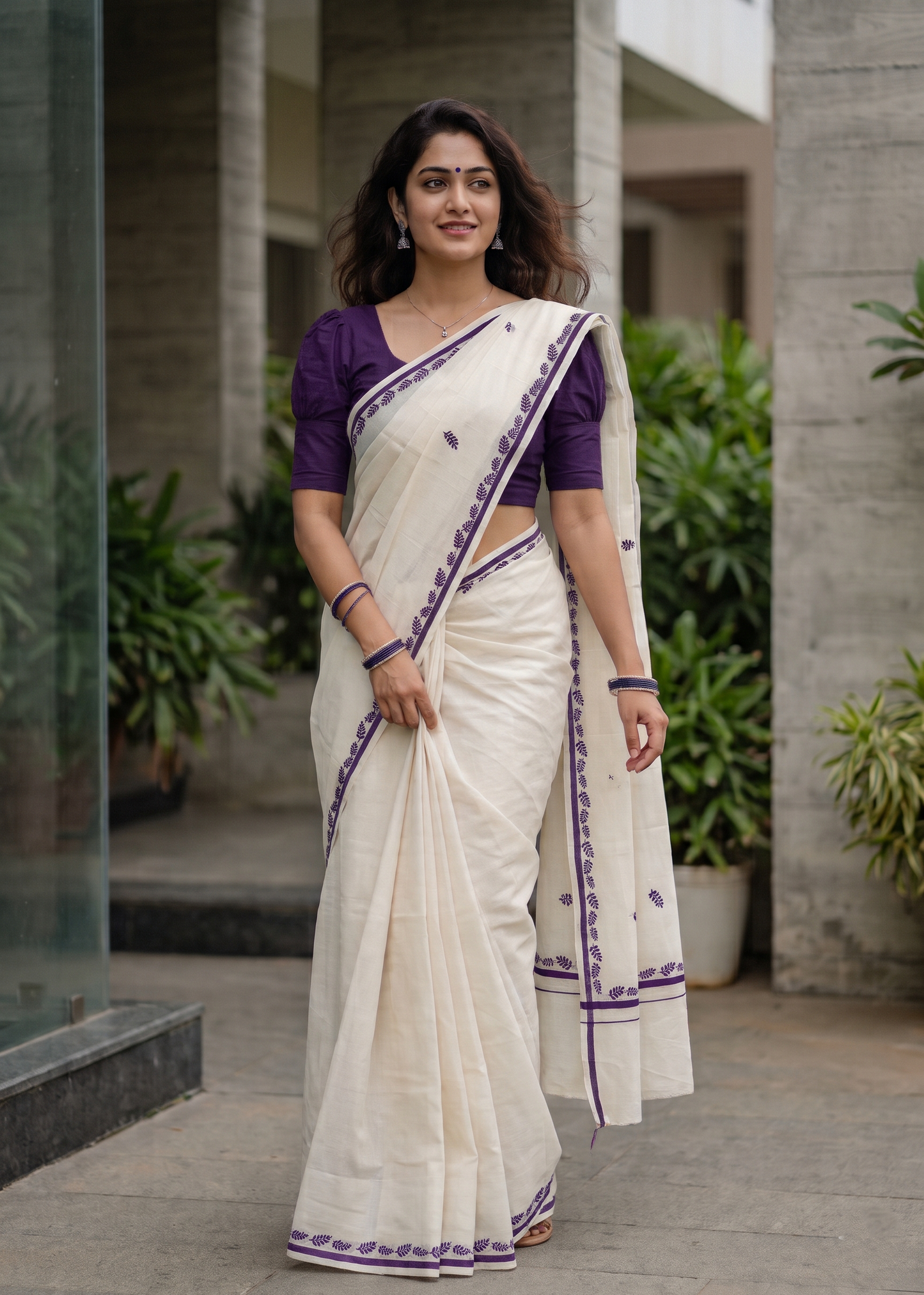 Southloom Cotton Kerala Saree With Purple Prints On Border SL501