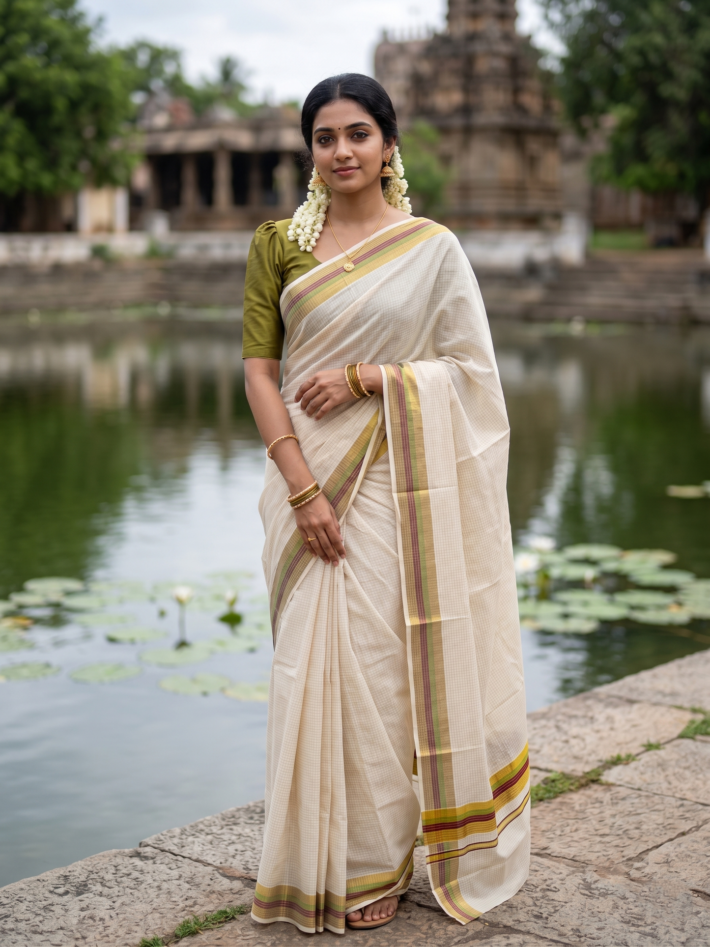 Southloom Kerala Cotton Kasavu Saree with Micro Check Design on Body in Maroon & Olive Green Border SL481
