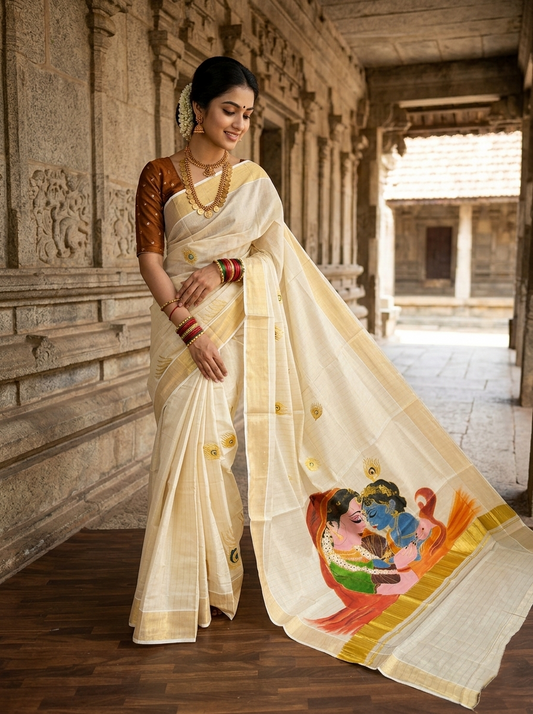Southloom Tissue Kerala Kasavu Check Saree with Hand Painted Embroidery Krishna & Yashodha Design