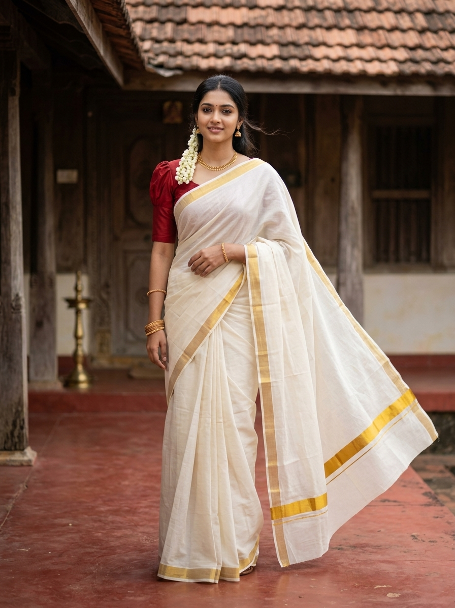 Plain Mixed Fabric Kasavu Saree with 2x2 Border