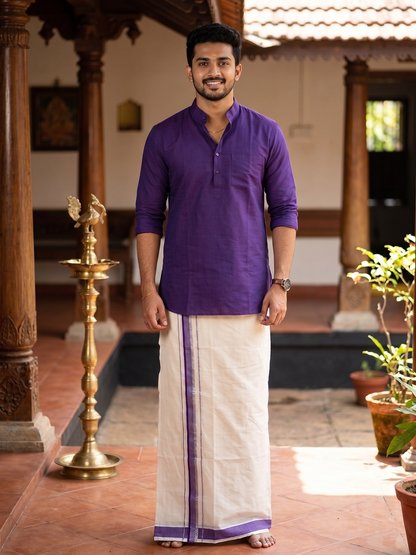 Southloom Pure Cotton Mundu with Silver Lines and Voilet Border (South Indian Kerala Dhoti)