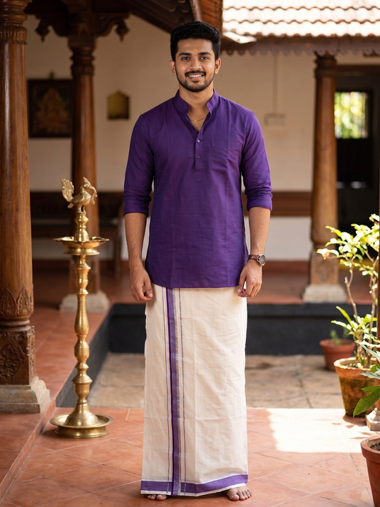 Southloom Pure Cotton Mundu with Silver Lines and Voilet Border (South Indian Kerala Dhoti)