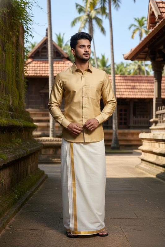 Southloom Kerala Pure Cotton Double Mundu with Gold Kasavu and Border (South Indian Dhoti)