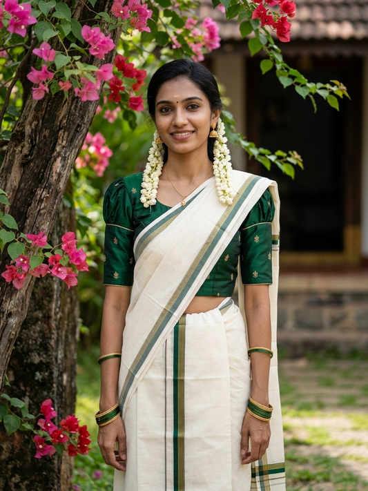 Kerala Pure Cotton Set Mundu Single (Mundum Neriyathum) with Dark Green and Kasavu Border