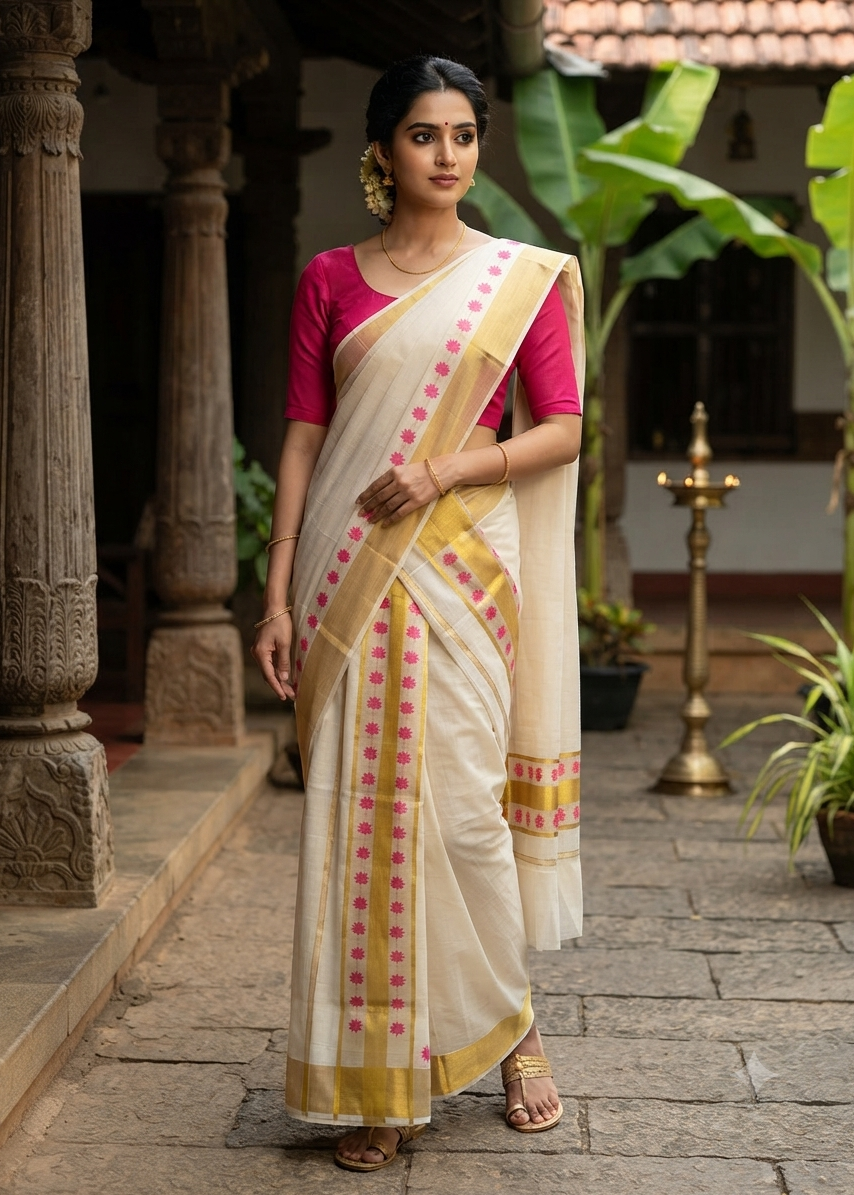 Kerala Cotton Rani Pink Colour Lotus Printed Set Mundu (2.80 mtrs) SL516