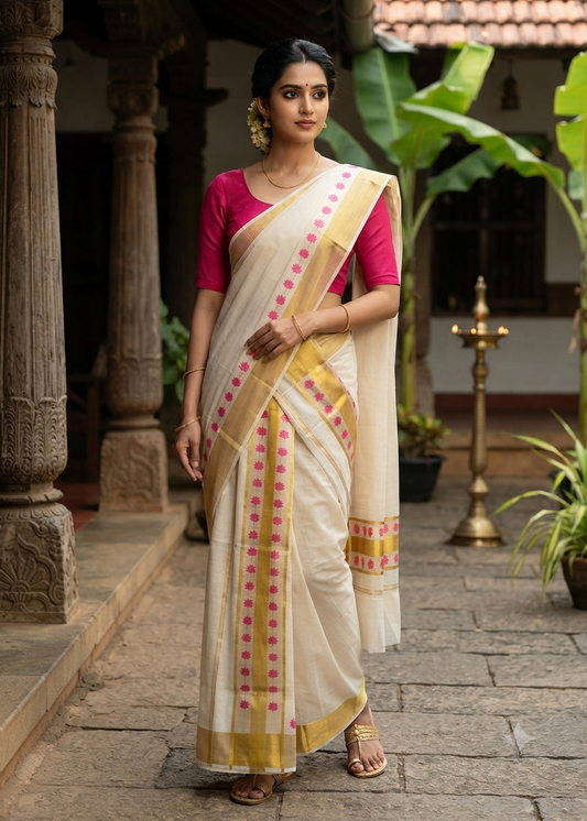 Kerala Cotton Rani Pink Colour Lotus Printed Set Mundu (2.80 mtrs) SL516