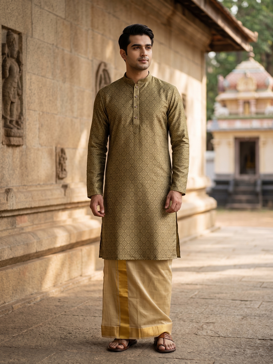 Southloom  Olive green woven Semi Silk Short Kurta for Men SL590