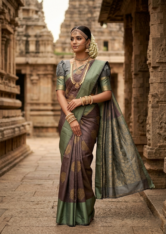 Southloom Pure Handloom Kanchipuram Silk Saree with Butta Work (Purple & Grey)