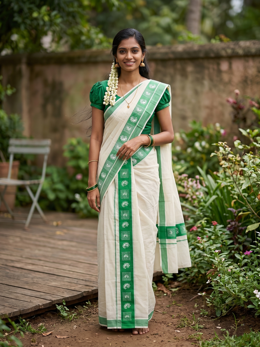 Kerala Cotton Single Set Mundu (Mundum Neriyathum) with Block Prints on Green Border in 2.80 Mtrs