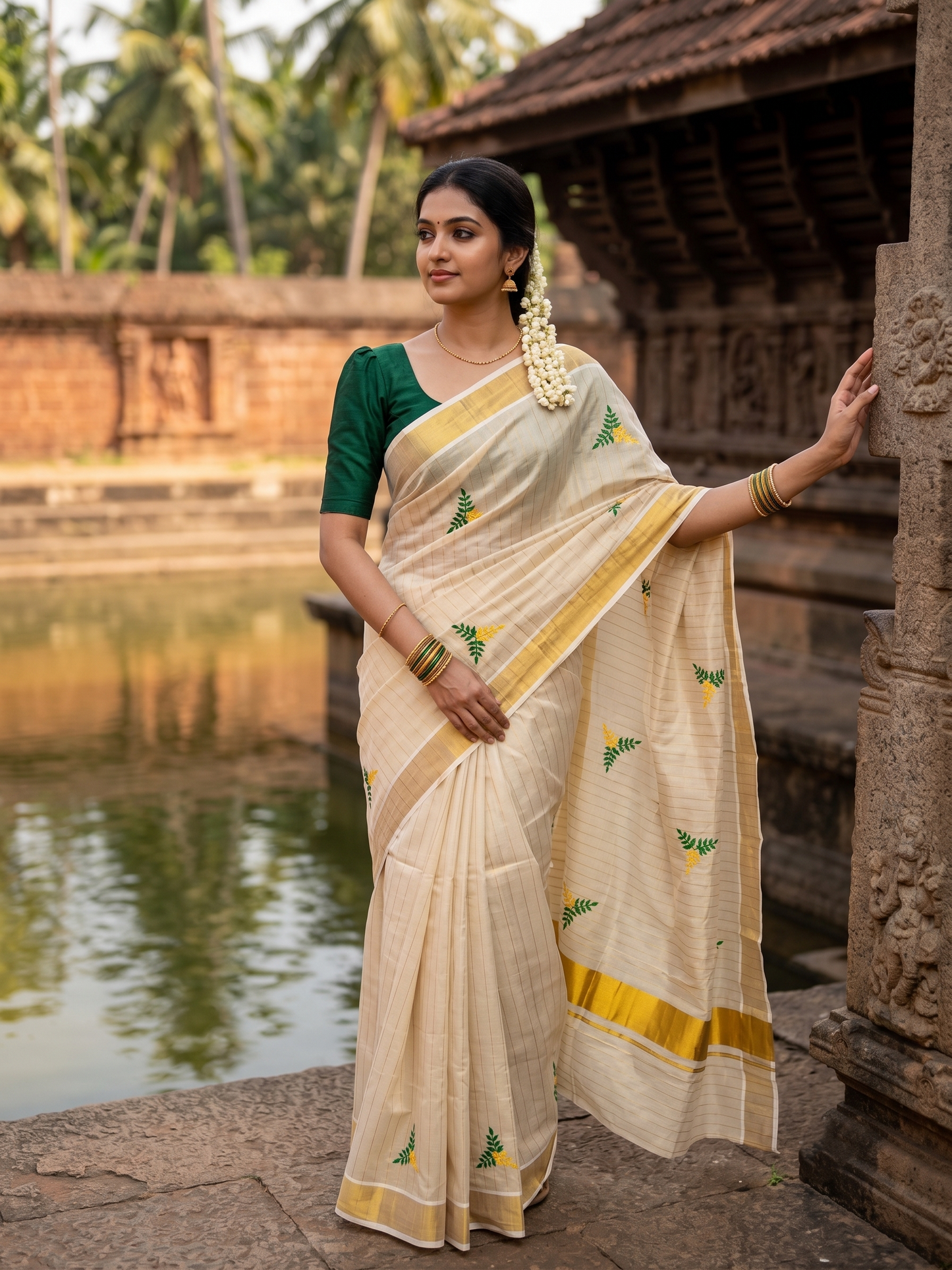 Southloom Kerala Tissue Kasavu Line Saree with Green & Yellow Floral Embroidery Works