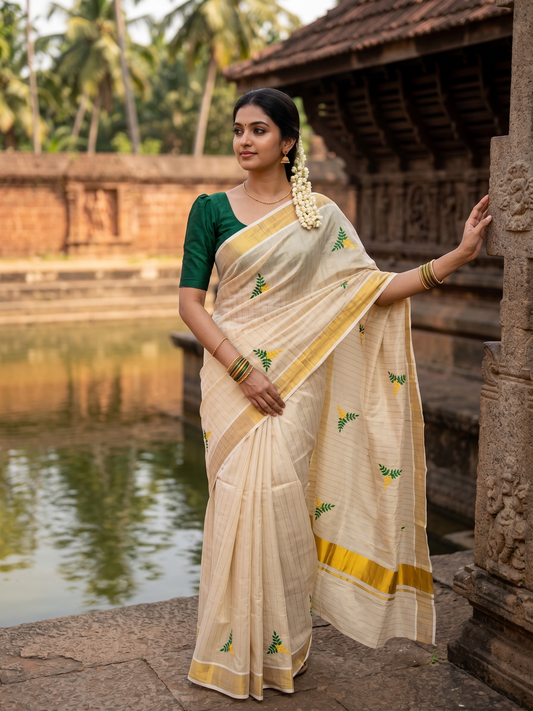 Southloom Kerala Tissue Kasavu Line Saree with Green & Yellow Floral Embroidery Works