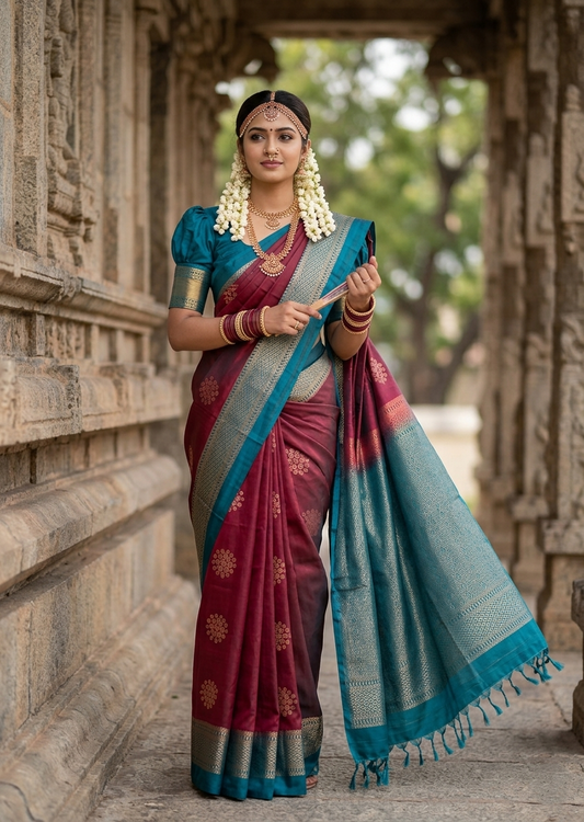 Southloom Pure Handloom Kanchipuram Silk Saree with Butta Work (Maroon & Blue)