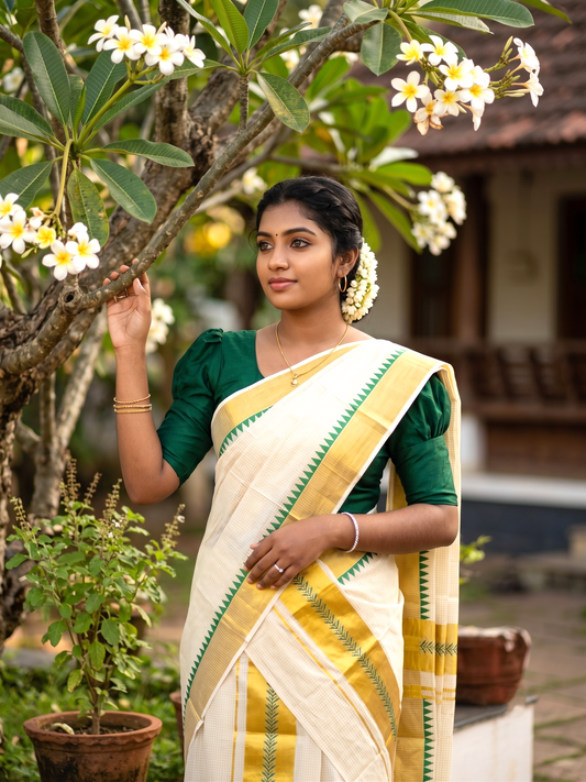 Southloom Pure Cotton Set Mundu with Gold Kasavu Micro Check Across Body in Green SL398