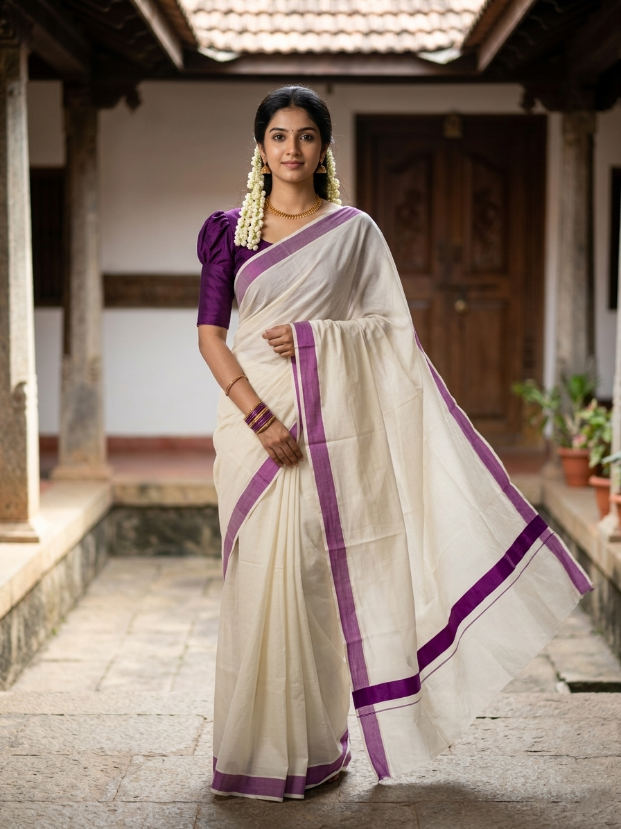 Pure Cotton Kerala Plain Saree with Purple 2x2 Border