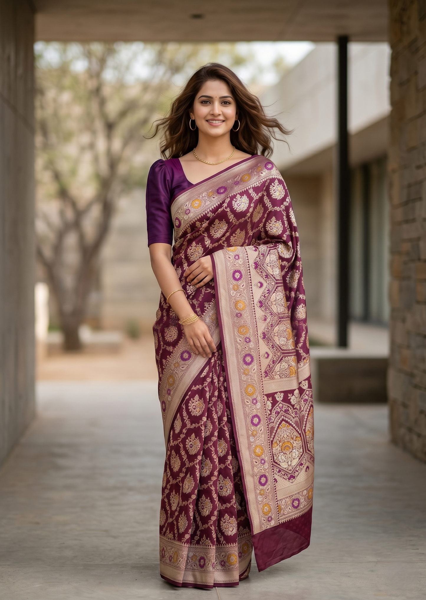Southloom Pure Banarasi Silk Saree with Woven Work on Body and Borders (Purple)