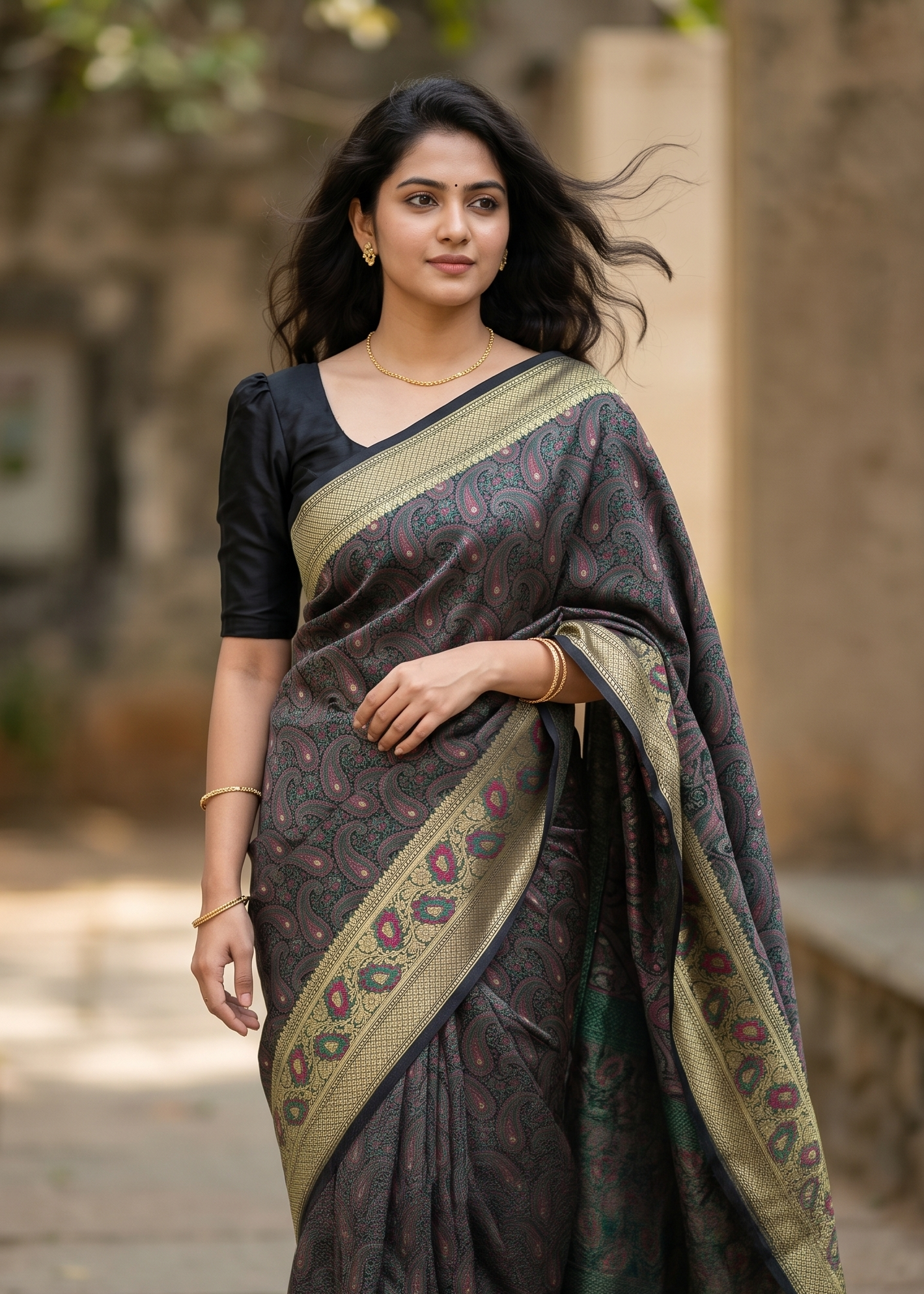Southloom Resham Work Soft Cotton Banarasi Saree with Woven Work on Body and Borders  (Black)