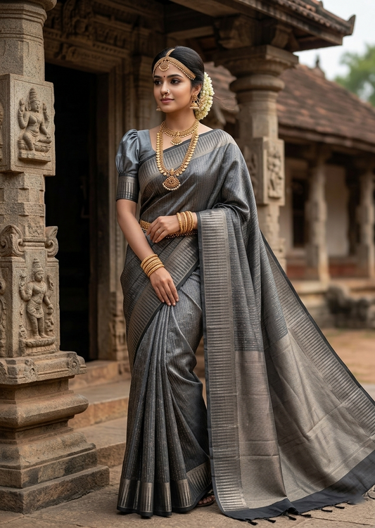 Southloom Pure Handloom Kanchipuram Silk Saree with Korvai Work (Grey)