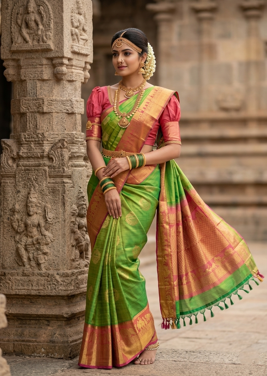 Southloom Premium Bridal Handloom Kanchipuram Silk Saree With Pallakku Design & Butta Works (Green)