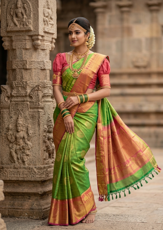 Southloom Premium Bridal Handloom Kanchipuram Silk Saree With Pallakku Design & Butta Works (Green)