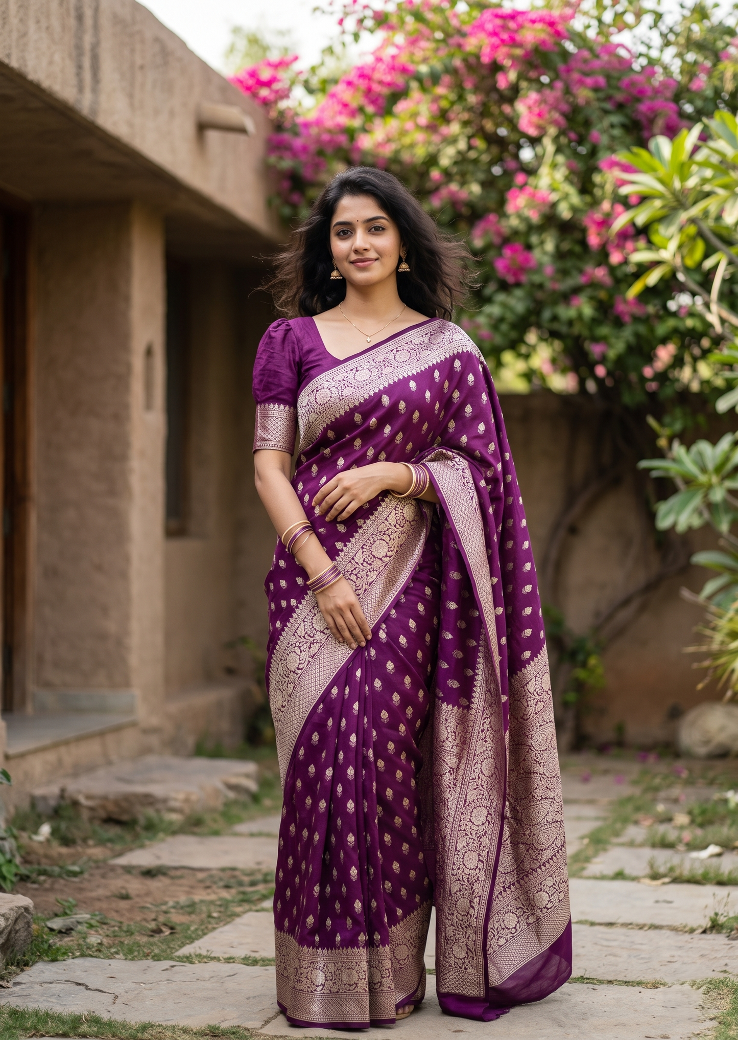 Southloom Cotton Banarasi Silk Saree with Woven Work on Body and Borders (Purple)