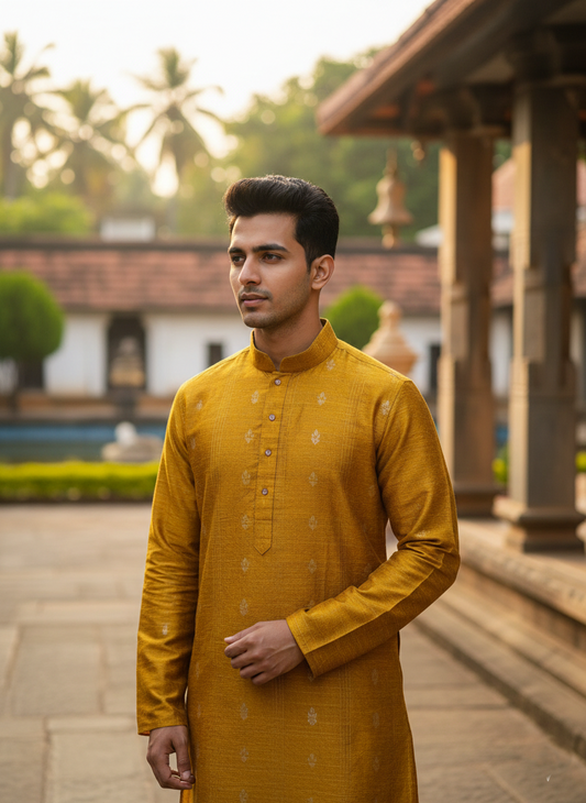 Southloom Semi Silk Short Kurta for Men in Yellow Colour