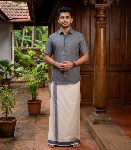 Southloom Kerala Pure Cotton Double Mundu with Silver Lines and Gray Border with (South Indian Dhoti)