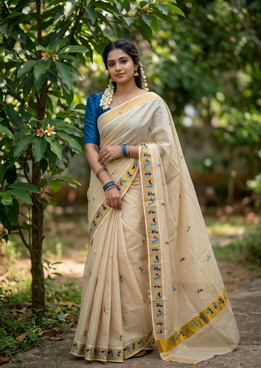 Southloom Kerala Tissue Kasavu Saree with Tribal Folk Art Embroidery Work on Body