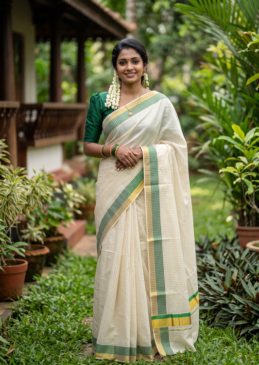 Southloom Pure Cotton Kerala Kasavu Lines Design Saree with Green Border