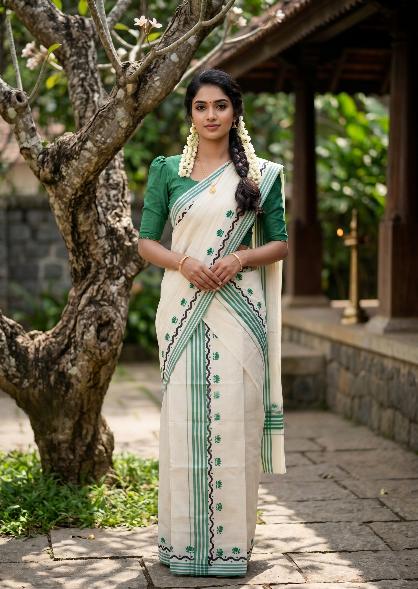 Southloom Pure Cotton Kerala Single Mulloth Set Mundu With Lotus Digital Print in Green (Mundum Neriyathum)in 2.75 Mtrs SL371