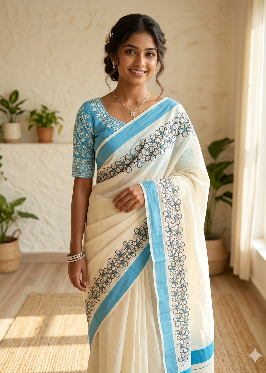 Kerala Cotton Saree With Blue Floral SLfloral