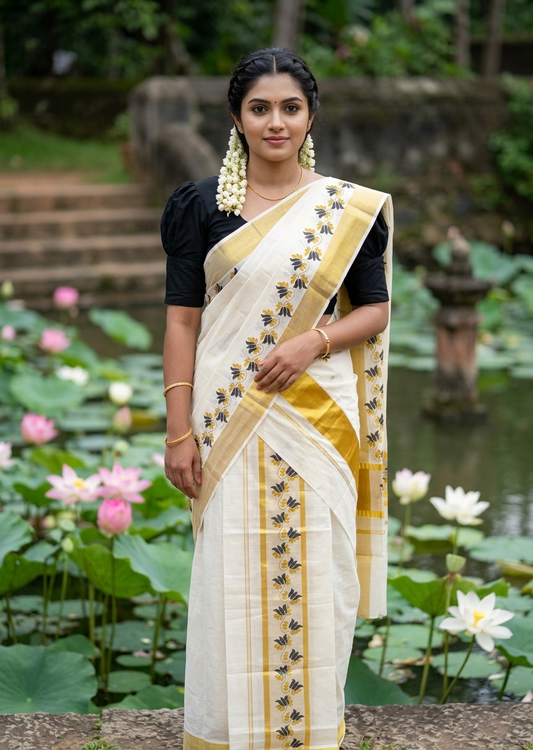 Southloom Cotton Single Set Mundu (Mundu Neriyathum) With Floral Digital Print in Black 2.80 Mtrs SL435