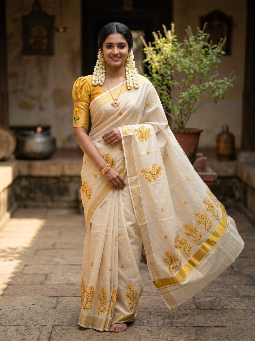 Southloom Tissue Kerala Kasavu Saree with Floral Embroidery Design