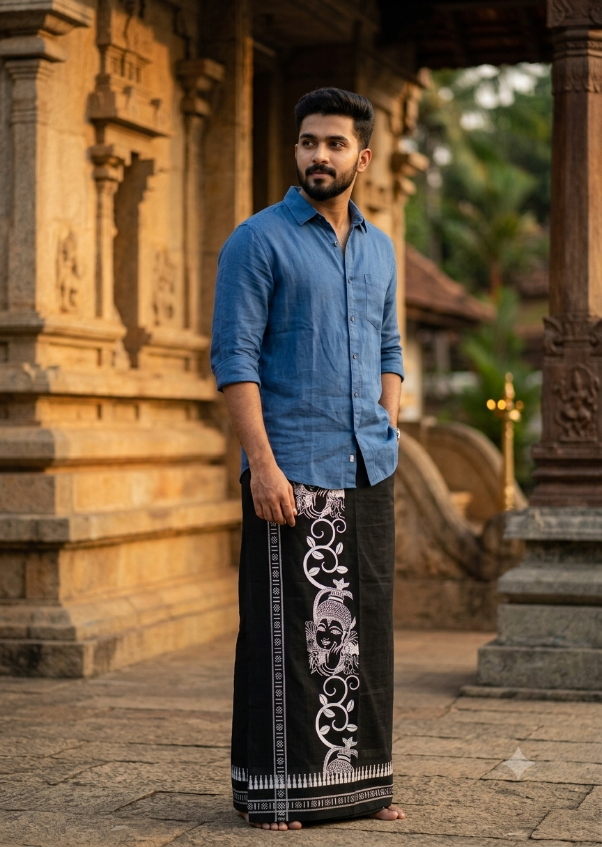 Southloom Black Printed Single Mundu / Otta Mundu / Lungi (South Indian Kerala Dhoti)