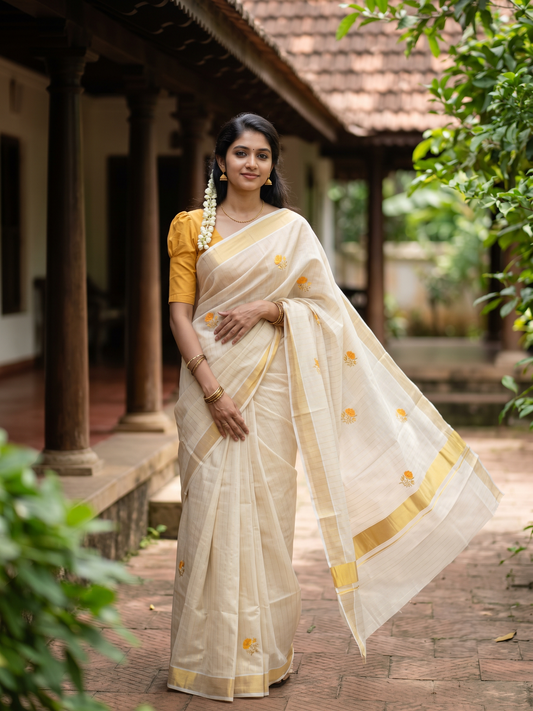 Southloom Tissue Kerala Kasavu Saree with Floral Embroidery Design On Border