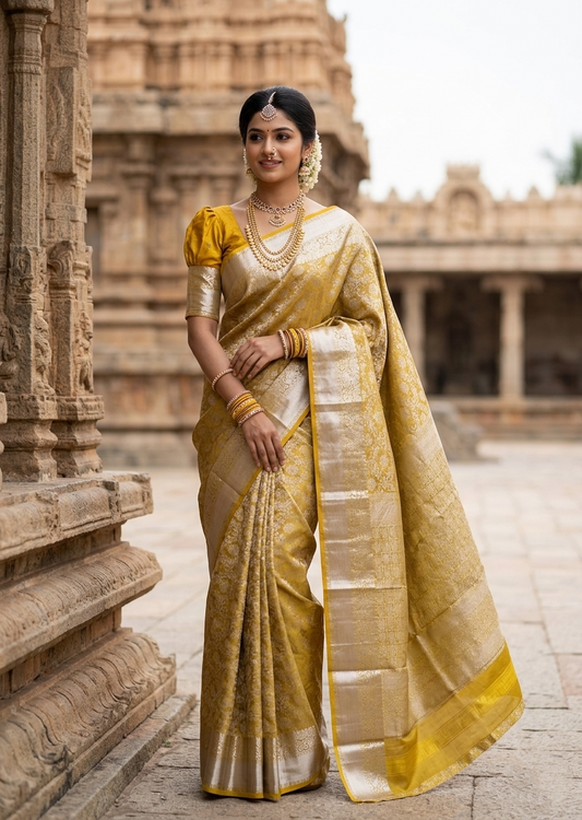 Southloom Pure Handloom Bridal Kanchipuram Silk Saree with Korvai Work (Yellow)