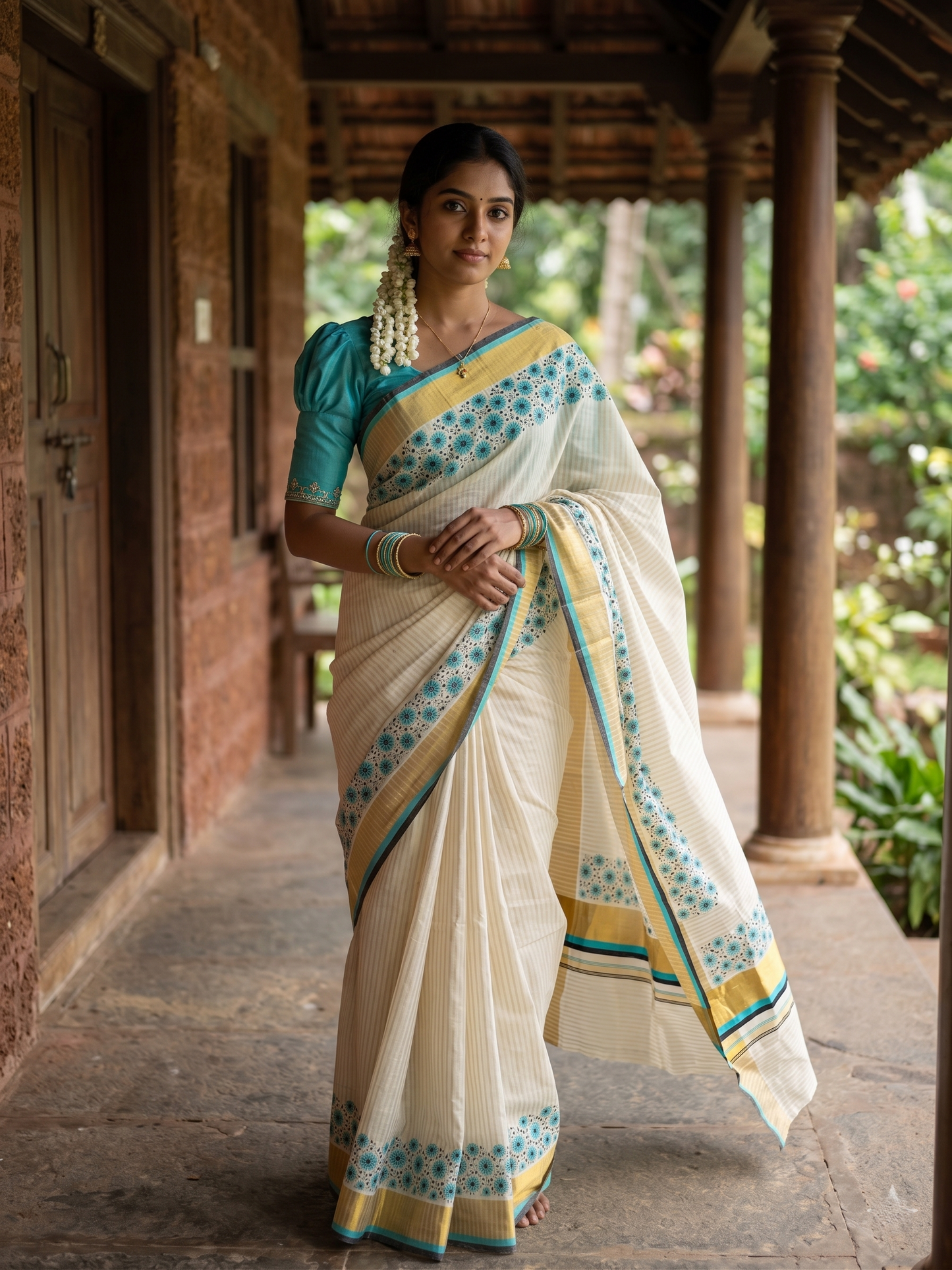 Southloom Kerala Cotton Kasavu Saree with Stripes And Floral Design on Body In Turquoise Border SL357