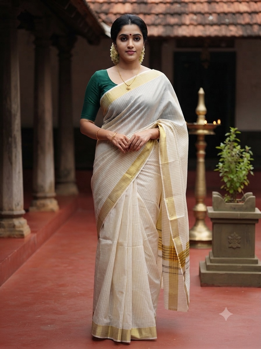 Southloom Kerala Cotton Kasavu Saree With Stripes On The Body(Green) SL520