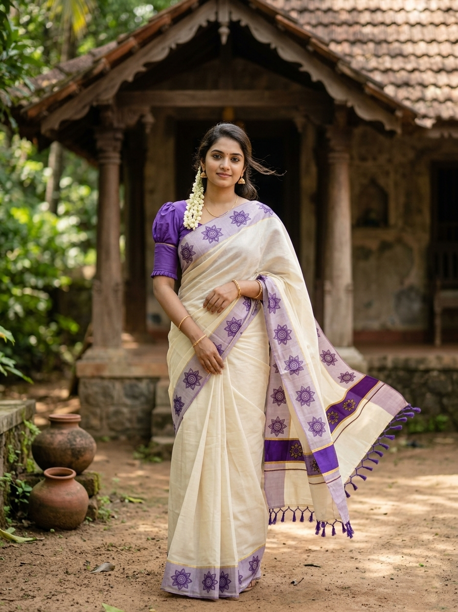 Southloom Kerala Tissue Kasavu Saree with Floral Block Prints in Blue Border