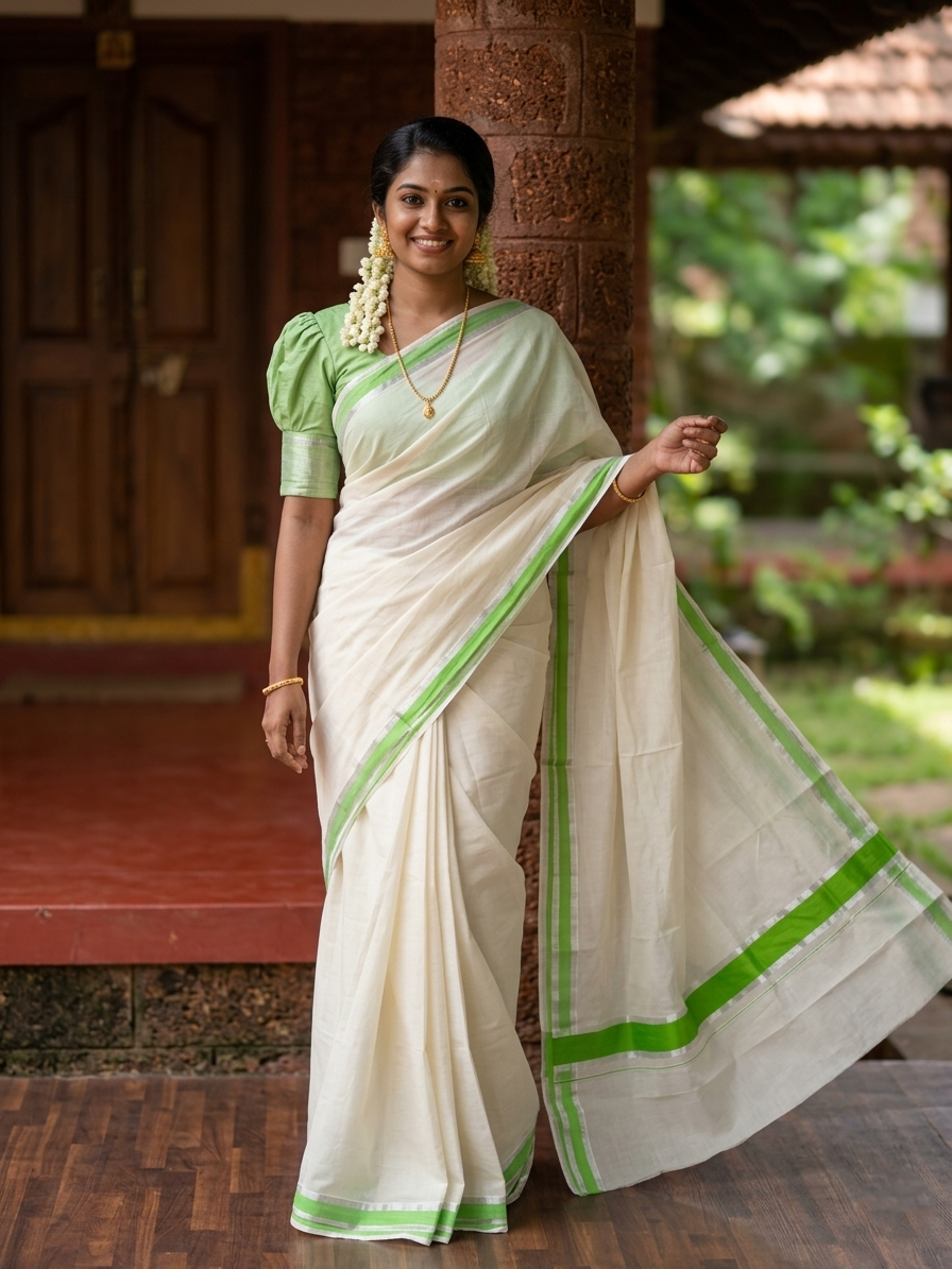 Pure Cotton Kerala Saree with Light Green and Silver Kasavu Border