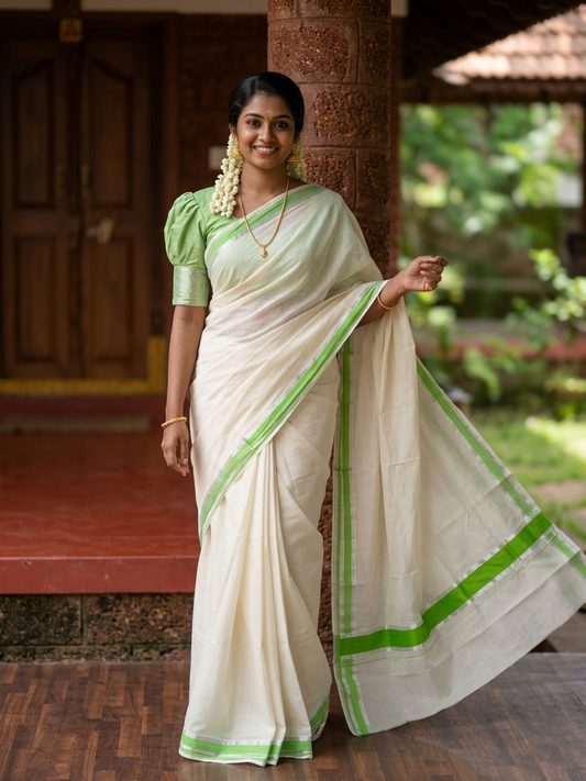 Pure Cotton Kerala Saree with Light Green and Silver Kasavu Border