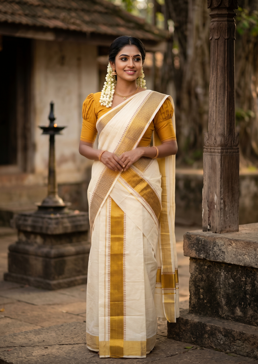 Southloom Pure Cotton Set Mundu with Gold Kasavu and Digital Print in Mustrad Yellow 2.80 Mtrs SL374