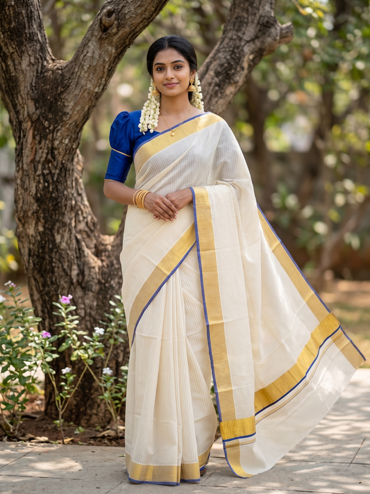 Southloom Kerala Cotton Kasavu Saree with Stripes on Body In Blue Border SL351