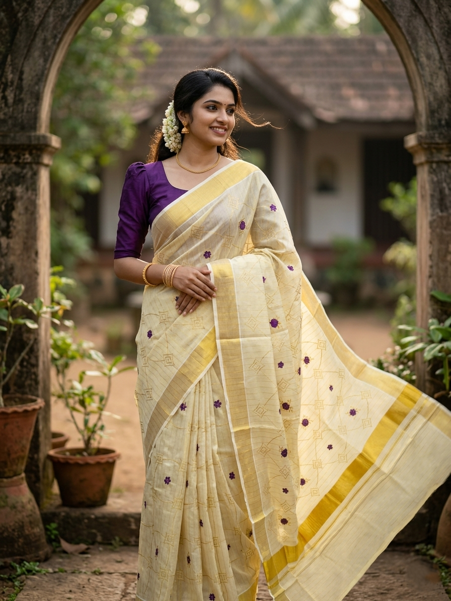 Kerala Tissue Kasavu Stripes Saree with Violet Floral Embroidery Design on Body